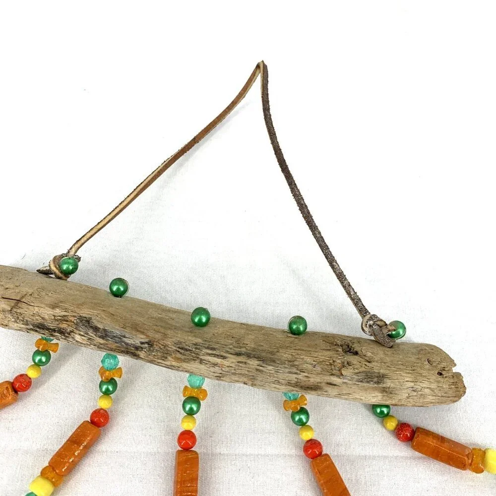 Fused Glass Wind Chime Driftwood Handcrafted Yellow Orange Yard Porch Decor 14